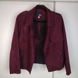 Kut From The Kloth Faux Suede Moto Open Front Jacket Women Sz M Burgundy Pockets